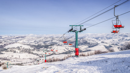 Fototapeta na wymiar Lift to the mountain. Carpathian mountains. Winter landscape