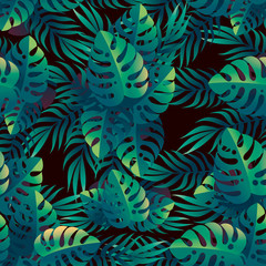 Seamless pattern of tropical green leaves with different shape flat vector illustration on dark background