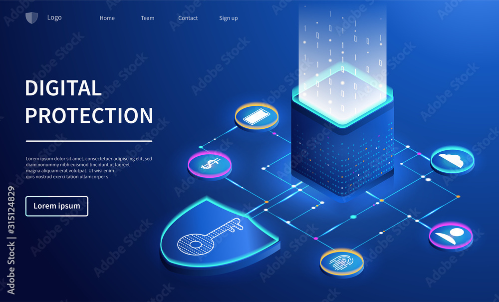 Aufkleber isometric vector template of digital protection on dark blue background with computer security theme
