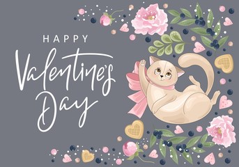 Valentine's day card. Romantic cat with festive elements. Hand lettering. Vector illustration. Template for Invitation, greetings, congratulations, posters.