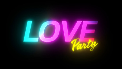 Happy Valentines Day Party Neon sign. neon text Love party color sign on black background. Design element for Happy Valentine's Day greeting card or event concept.