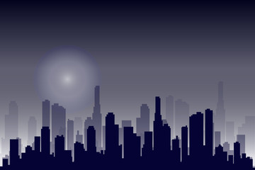 Fototapeta na wymiar Flat cityscape. Vector illustration. Modern City Skyline, Daytime Panoramic Urban Landscape with Silhouette Buildings and Skyscraper Towers in moon light