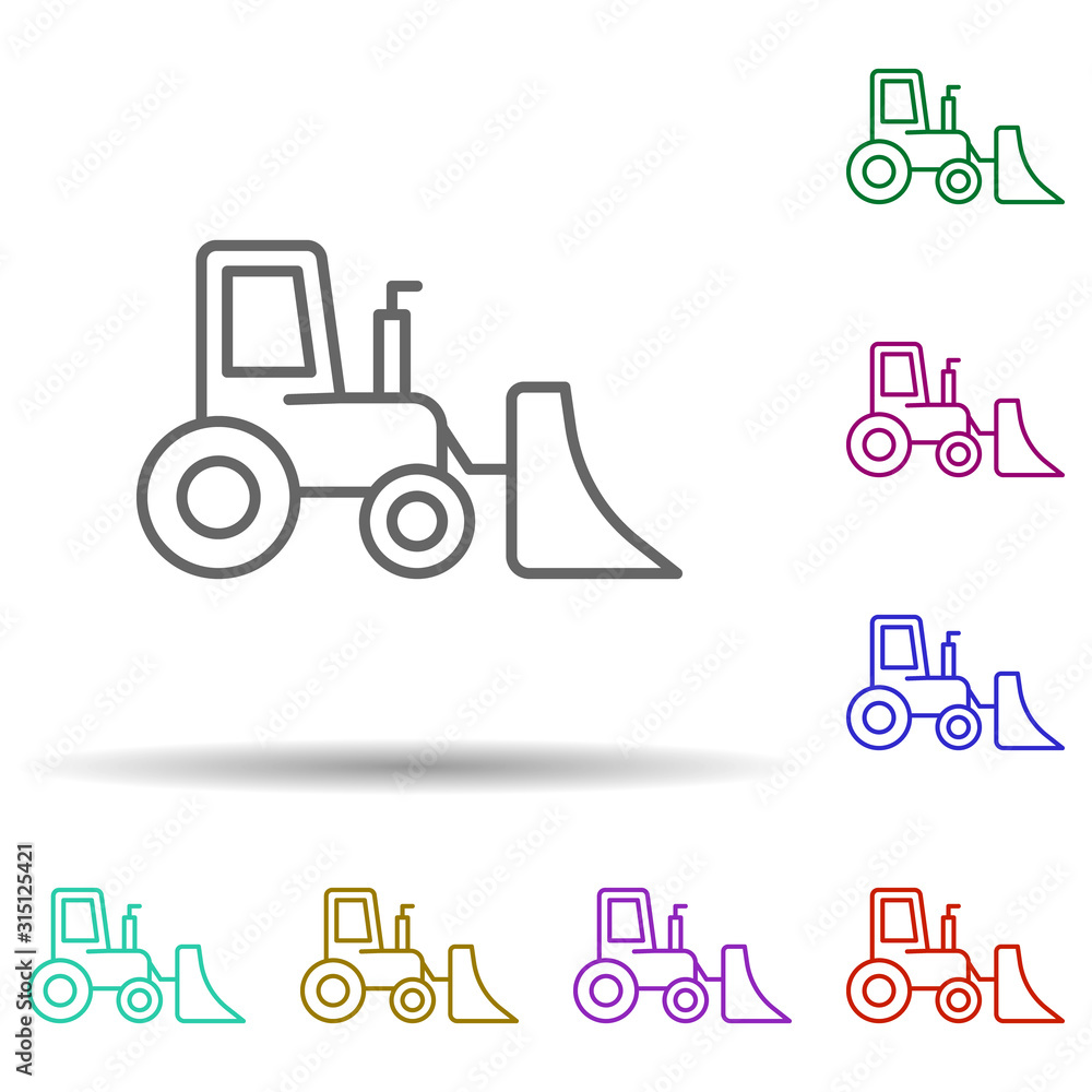 Poster bucket tractor in multi color style icon. simple thin line, outline vector of consruction machinery 