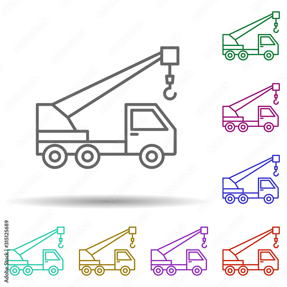 Poster crane vehicle in multi color style icon. simple thin line, outline vector of consruction machinery i