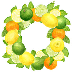 Watercolor citrus wreath. Hand drawn botanical illustration of mandarin, tangerine, lime and lemon fruits and slices with leaves. Plant round frame on white background for design, package, decoration.