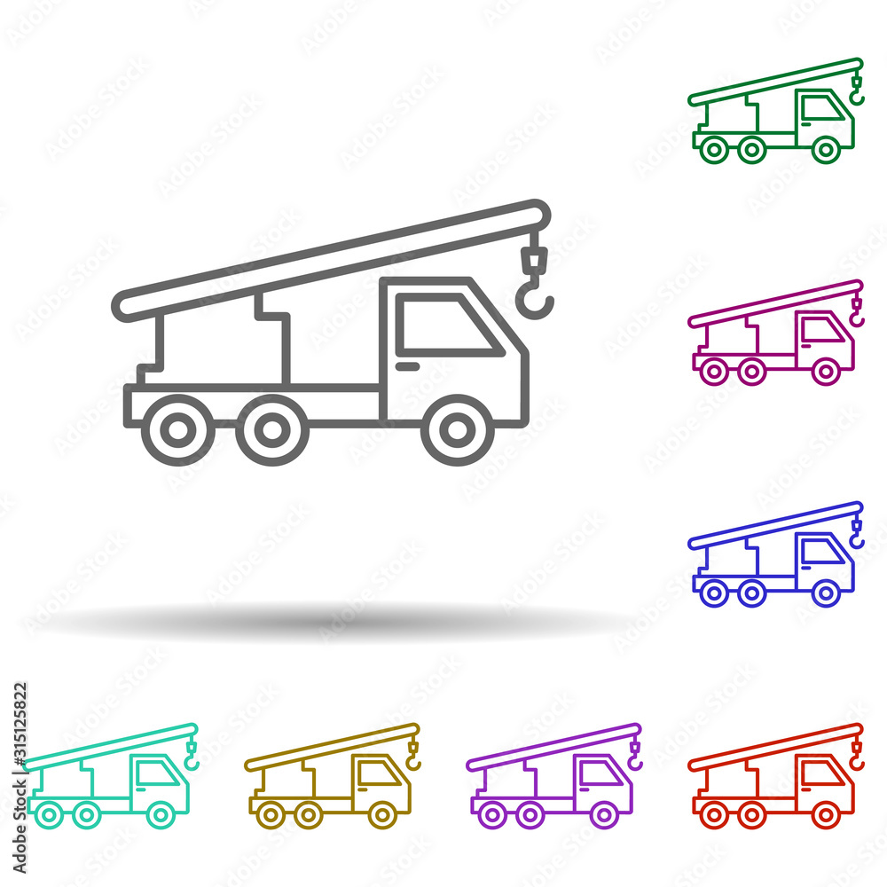 Poster crane vehicle in multi color style icon. simple thin line, outline vector of consruction machinery i
