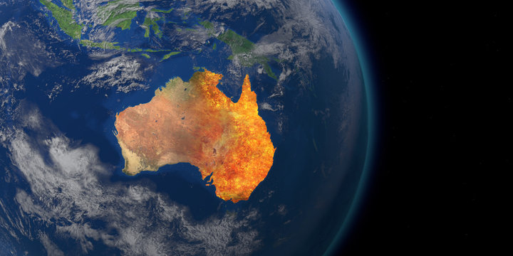 Australia Wildfire Crisis. Map Of Australia Fires. 3D Rendering