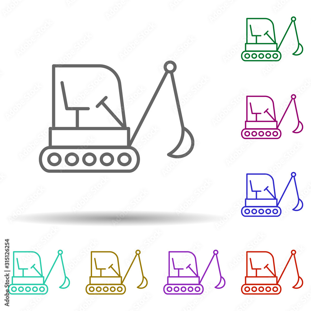 Poster caterpillar excavator in multi color style icon. simple thin line, outline vector of consruction mac