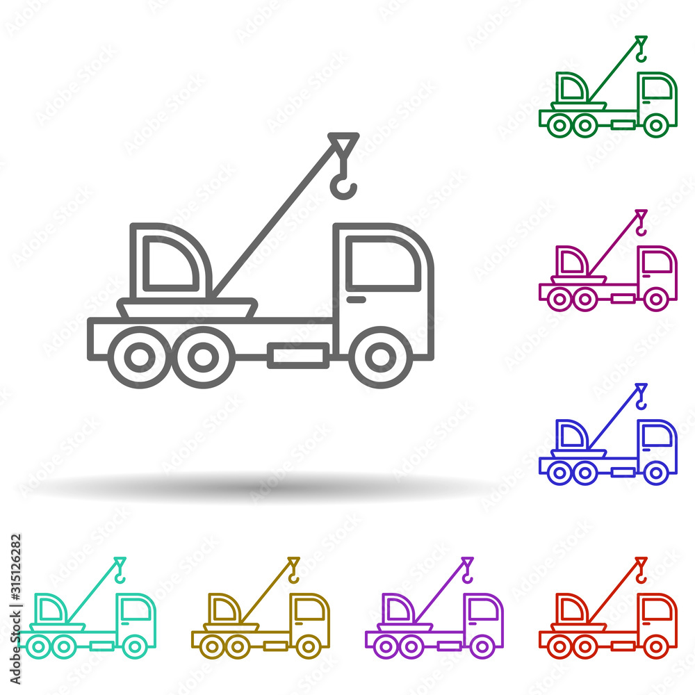 Poster crane vehicle in multi color style icon. simple thin line, outline vector of consruction machinery i