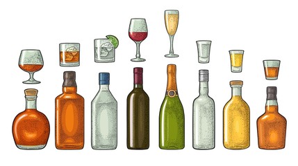 Set glass and bottle whiskey, wine, tequila, cognac, champagne. Vector engraving