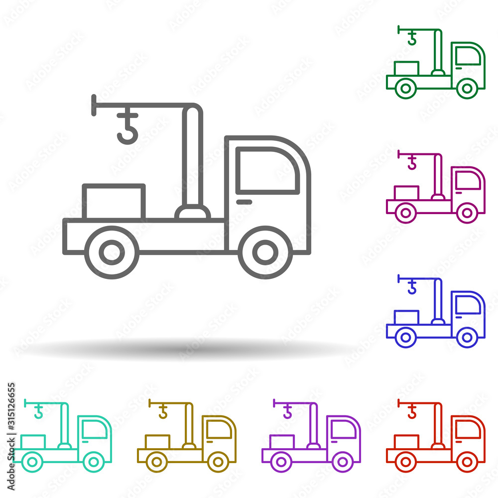 Poster crane vehicle in multi color style icon. simple thin line, outline vector of consruction machinery i