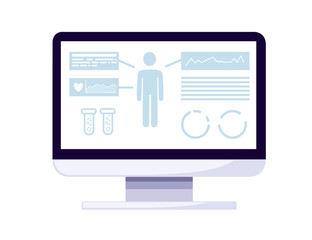 PC medicine application with health monitoring and infographics white monitor and gray icons on display flat vector illustration