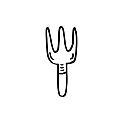 Small garden pitchfork vector doodle line art illustration, sticker, icon. Isolated on white background. Easy to change color. Design element. Gardening, eco food, vegetarian, vegan. Home garden.