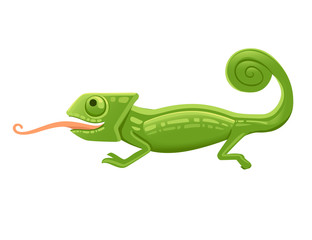 Cute small green chameleon with open mouth and long tongue lizard cartoon animal design flat vector illustration isolated on white background