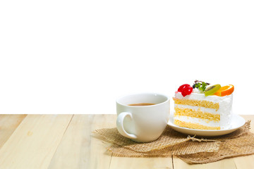 Slice cake with coffee cup on wood , white background