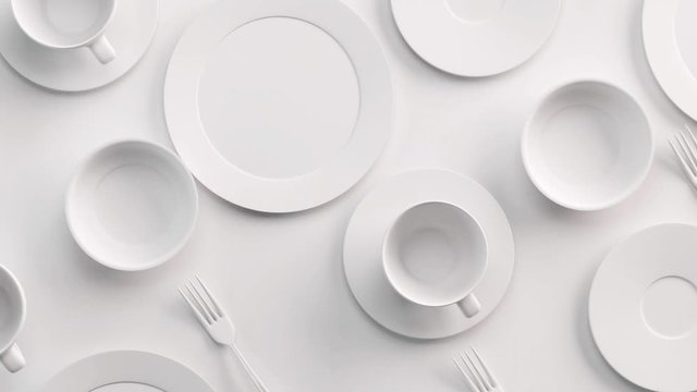 White Food background concept for design menu restaurant or cafe. Food flyer. Ceramic Plates and Dishes. White coffee mugs and saucers on a white background. 3d render