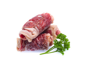 Fresh raw beef meat slices isolated over white background