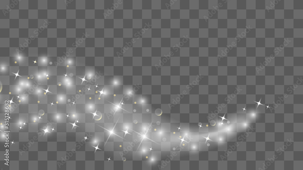 Wall mural gold glittering star dust trail sparkling particles isolated on transparent background. vector white