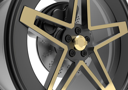 3D render of a black and gold aluminium car wheel and black brake disc isolated on white background