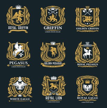 Heraldic royal vector icons of golden griffin, eagle, pegasus and lion symbols. Medieval gold heraldry signs and coat of arms with imperial castle, swords and crown in ornate wreath