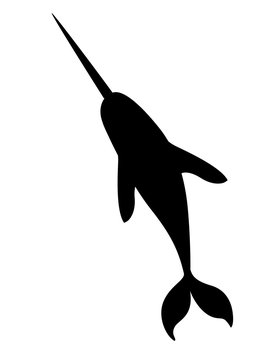 recommend clip art: Black silhouette narwhal(Monodon monoceros) toothed whale with tusk cartoon sea character design flat vector illustration isolated on white background