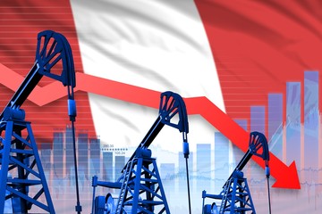 lowering, falling graph on Peru flag background - industrial illustration of Peru oil industry or market concept. 3D Illustration