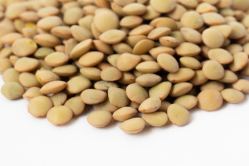 semillas de lentejas en fondo blanco