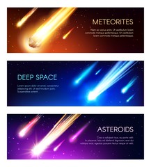 Galaxy outer space banners. Vector meteors, meteorites and asteroids fall. Space universe, meteors and comets with sparkling neon light trails falling on planets © Vector Tradition