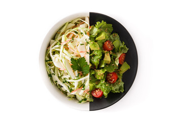 Coleslaw and avocado salad montage isolated on white background