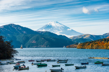day autumn scene of mountain Fuji, Lake Ashinoko and boats, Hakone, Japan, travel background