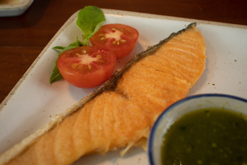 Fish steak with rice served in the restaurant.