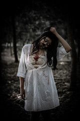 Portrait of asian woman make up ghost face with blood,Horror scene,Scary background,Halloween...