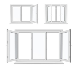 Windows with opened casements, vector white plastic frames, sills and glass panes, architecture and interior design. Realistic 3d windows with PVC, metal or aluminum profiles, locking handles