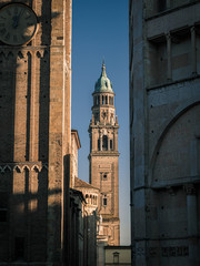 Detail of a church bell tower in the Italian city of Parma.
