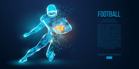 Abstract football player from particles, lines and triangles on blue background. Rugby. American footballer. All elements on a separate layers, color can be changed to any other in one click. Vector - obrazy, fototapety, plakaty