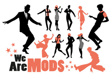 Pop and soul dance clipart collection. Set of mods and northern soul dancers isolated on white background..
