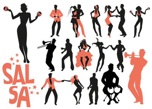 Salsa dance clipart collection. Set of latin music dancers and musician isolated on white background..