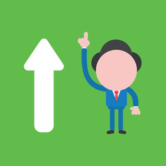 Vector illustration of businessman character with arrow moving up and pointing up on green background.