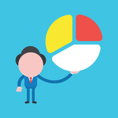 Vector illustration of businessman character holding diagram pies on blue background.