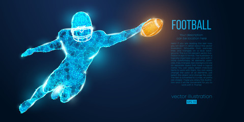 Abstract football player from particles, lines and triangles on blue background. Rugby. American footballer. All elements on a separate layers, color can be changed to any other in one click. Vector