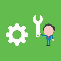 Vector illustration of businessman character with gear and holding spanner on green background.