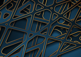 Blue and golden papercut 3d stripes abstract background. Corporate geometric paper vector design