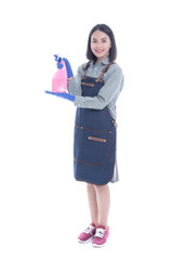 Maid Cleaning Service Concept,Beautiful asian maid women smiling and holding microfiber and cleaner spray for cleaning service feeling happiness  confident ,copy space Isolated on white background