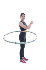 Portrait of happy beautiful Asian girl playing hula hoop on isolated white background,Sports in door for weight loss © Have a nice day 