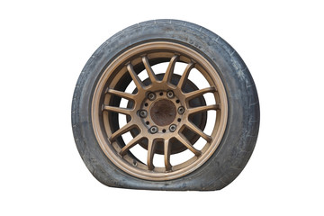 Close up old tire and flat tire  isolated on white background. Save with clipping path. Tire leak.