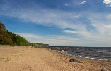 Fototapeta na wymiar Gulf of Finland. Russia. View from the shore of the Bay and the beautiful sky.