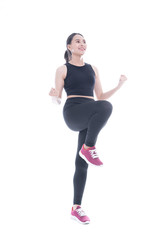 Amazed happy fitness Asian woman on white background. Looking at camera