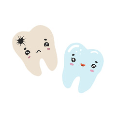 Healthy and bad tooth with caries. Vector color illustration in cartoon style. Dental drawing.