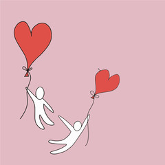 Peoples with red balloons are floating in the pink air. Valentine&rsquo;s day celebration and romantic honeymoon.