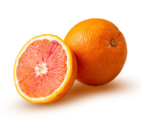 Fresh red orange or grapefruit isolated on white background. Tropical citrus fruit. Beautiful cut...